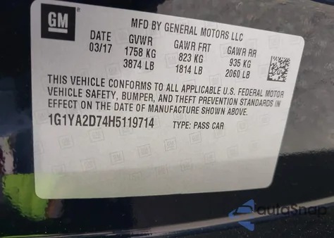 2017 Chevrolet Corvette Stingray z USA, uszkodzony, nr VIN 1G1YA2D74H5119714